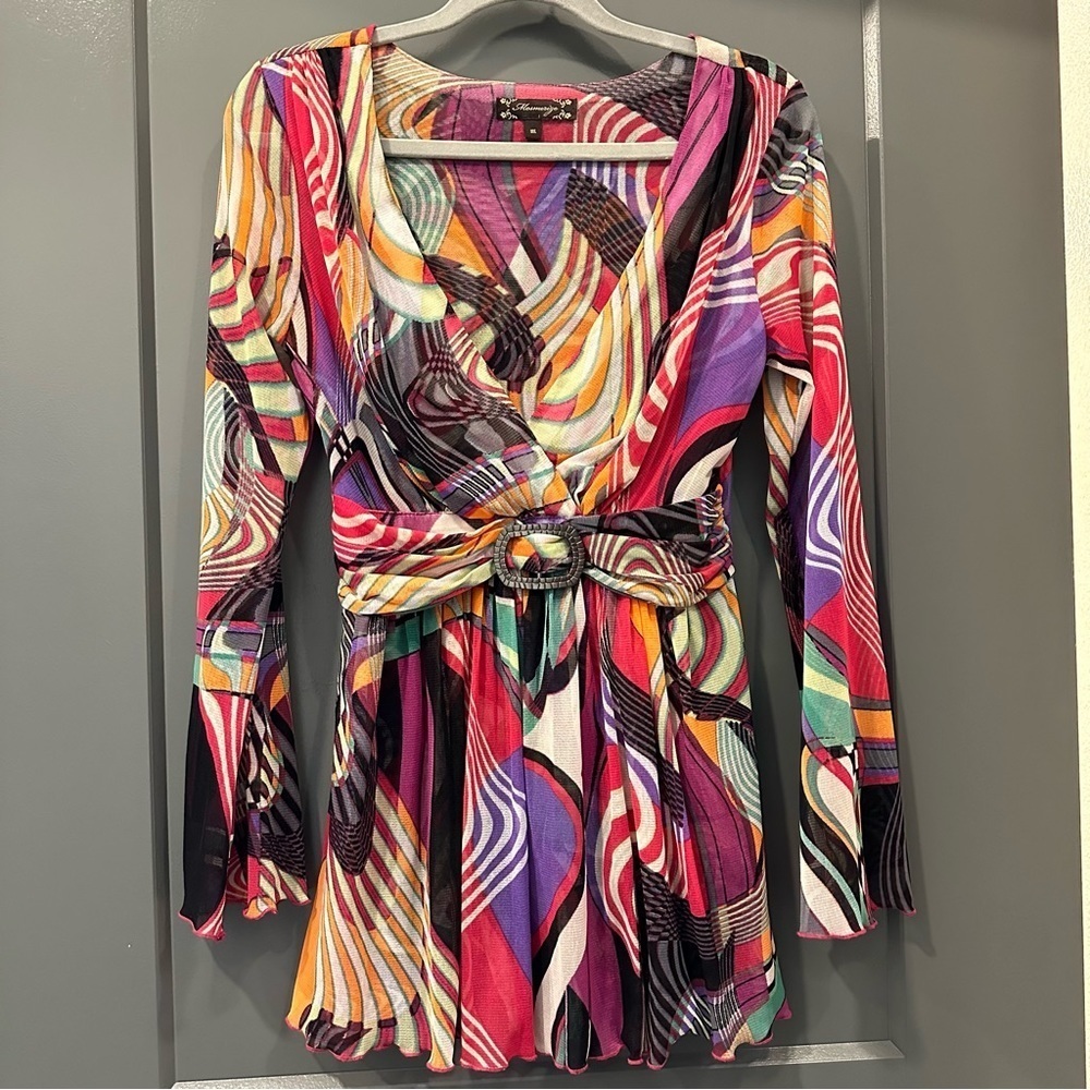 Mesmerize Y2K sheer colorful long, bell sleeve plunge v-neck blouse